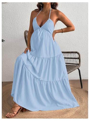 OYOANGLE Women's Summer Boho Maternity Dress Halter Flowy Baby Shower Dress - color: Light Blue, size: Large