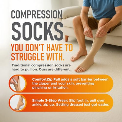 Lemon Hero Zipper Compression Socks 15-20mmHg Open Toe for Women & Men - color: Beige, size: Medium