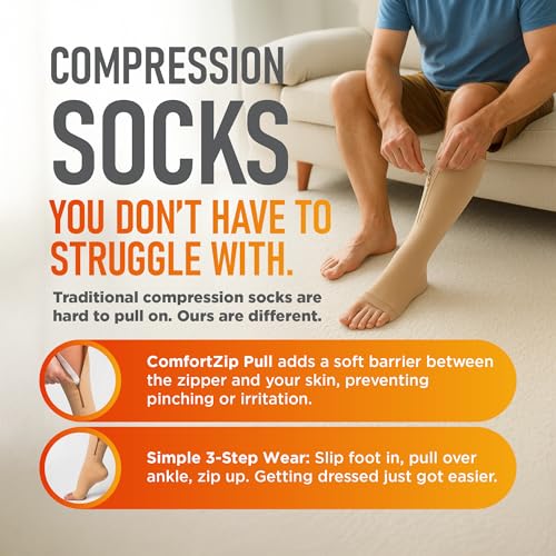 Lemon Hero Zipper Compression Socks 15-20mmHg Open Toe for Women & Men - color: Beige, size: 4X-Large