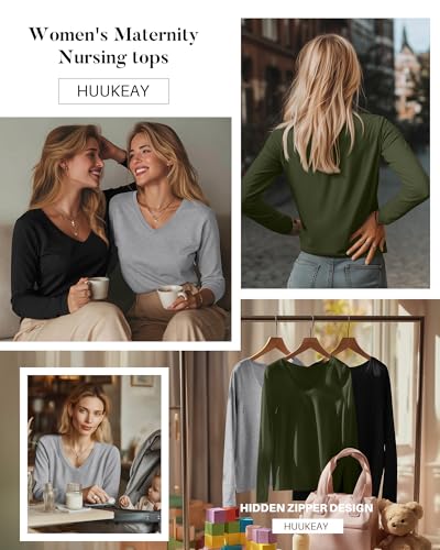 Huukeay 3 Pack Maternity Nursing Tops Breastfeeding Shirts - color: Black, Light Gray, Army Green, size: Small