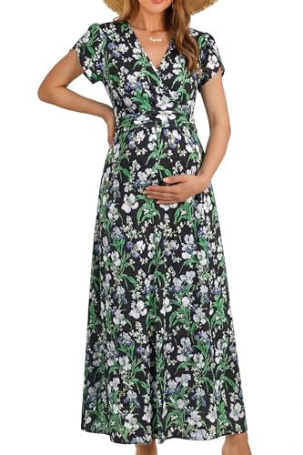 OUGES Women's Wrap V Neck Summer Maternity Photoshoot Dress with Pockets - color: Black Green White Floral, size: XX-Large