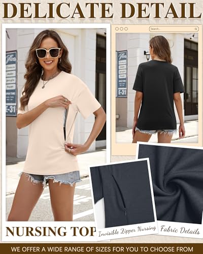 Riyiper 3 Pack Women's Nursing Short Sleeve Shirts - color: Dark Blue, Beige, Black, size: Small