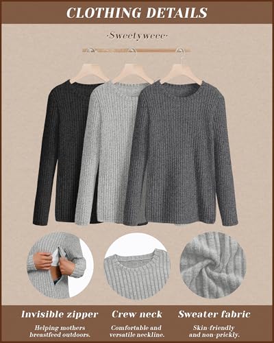 3 Pack Maternity Nursing Ribbed Long Sleeve Tops - color: Black, Gray, Light Gray, size: XX-Large