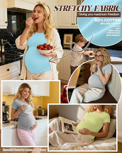 Huukeay 4 Pack Women's Short Sleeve Maternity Tops - color: Mint Blue, Grass Green, Light Heather Gray, White, size: Small