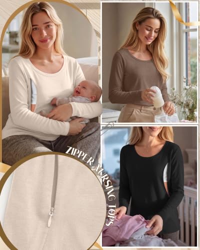 Huukeay 3 Pack Womens Nursing Tops Breastfeeding Shirts Zipper - color: Brown, Apricot, Black, size: Large