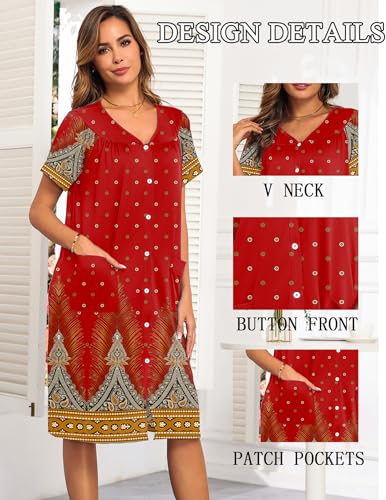 Ekouaer House Dress for Women with Pockets Button Down Nightgowns Moo Moos - color: Ethnic Red, size: Medium