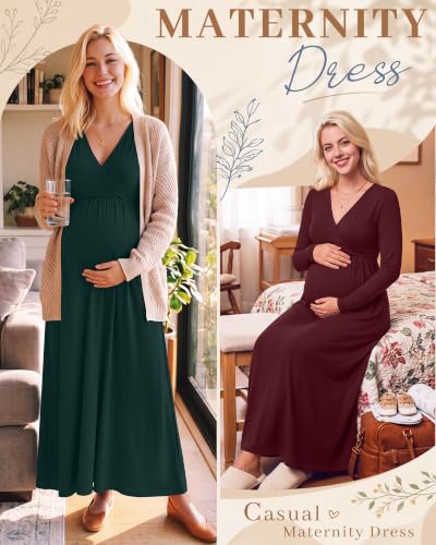 Neer 2 Pcs Maternity Maxi Dresses Long Sleeve Fall Nursing Dress - color: Burgundy, Blackish Green, size: Medium
