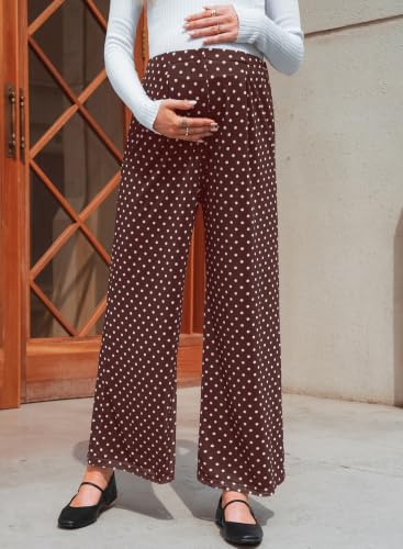 BLENCOT Women's Maternity Flowy Pants Polka Dot Pregnancy Trousers - color: Brown, size: Medium