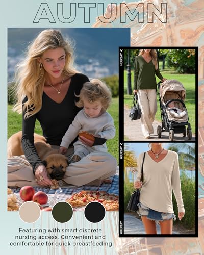Huukeay 3 Pack Maternity Nursing Tops Breastfeeding Shirts - color: Black, Army Green, Light Khaki, size: X-Large
