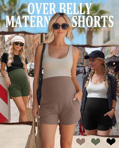 3 Pack Women's Maternity Shorts - color: Black, Army Green, Coffee, size: X-Large
