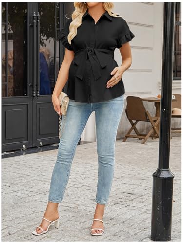 MakeMeChic Women's Maternity Nursing Work Blouse Pregnancy Ruffle Tops - color: Black, size: X-Small