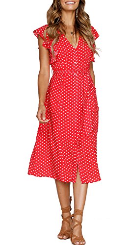 MITILLY Women's Boho Polka Dot Flutter Short Sleeve V Neck Button Down Swing Midi Dress with Pockets - color: 01 Red, size: Large