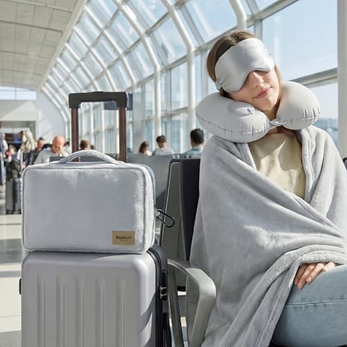 Bedsure Travel Blanket Set with Inflatable Neck Pillow and Eye Mask, Grey - color: Grey
