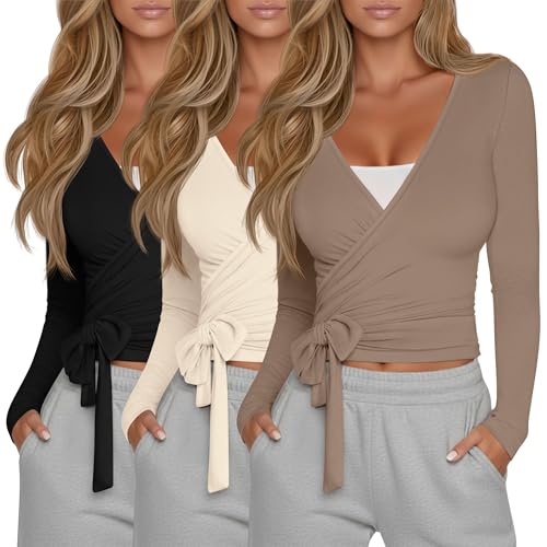 Oakgarden 3 Pack Womens Pilates Ballet Wrap Tops Front Tie Shirt - color: Black, Cream, Light Brown, size: XX-Large