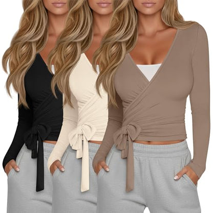 Oakgarden 3 Pack Womens Pilates Ballet Wrap Tops Front Tie Shirt - color: Black, Cream, Light Brown, size: XX-Large