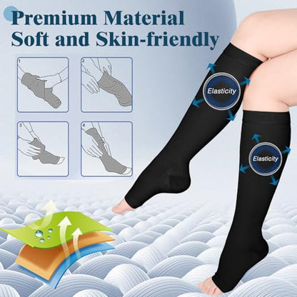 2 Pairs 20-30mmHg Knee High Compression Socks for Women, Open Toe - color: Beige & Black, size: Medium