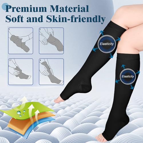 2 Pairs 20-30mmHg Knee High Compression Socks for Women, Open Toe - color: Beige & Black, size: XX-Large