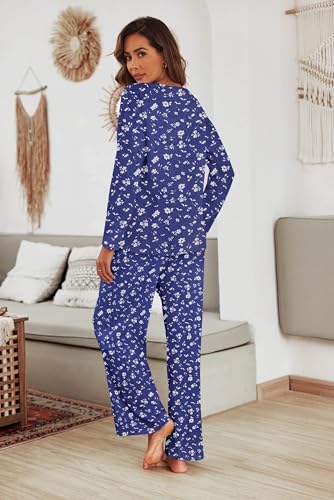 Ekouaer Waffle Knit Pajama Sets Comfy Lounge Sets 2 Piece Matching Pj Sets - color: Blue Floral Print, size: XX-Large