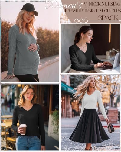 Huukeay 3 Pack Women's Long Sleeve Nursing Breastfeeding Shirts - color: Light Gray, White, Black, size: Medium