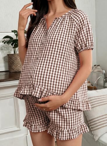 BLENCOT Maternity Clothes 2 PCS Gingham Cotton Pregnancy Pajamas Short Sets - color: Brown, size: Medium