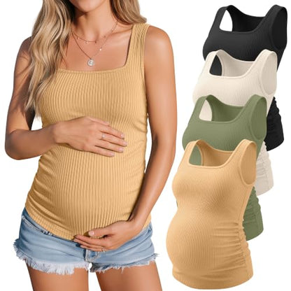 4 Pack Maternity Ribbed Tank Tops - color: Ginger Yellow, Sage Green, Apricot, Black, size: Small