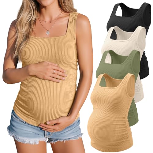 4 Pack Maternity Ribbed Tank Tops - color: Ginger Yellow, Sage Green, Apricot, Black, size: Medium