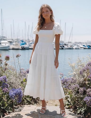 ZESICA Women Summer Puff Sleeve Boho Wedding Guest Midi Dress - color: White, size: X-Large