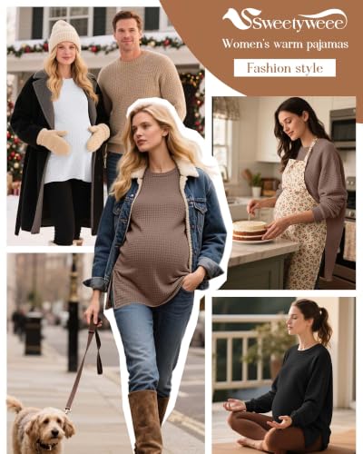 3 Pack Women's Maternity Waffle Knit Shirts - color: Coffee, White, Black, size: Large