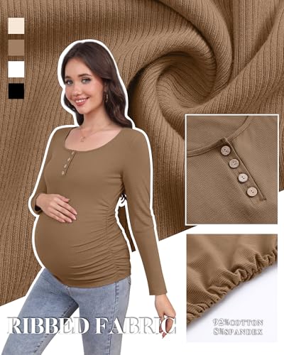 4 Pack Maternity Long Sleeve Shirts Pregnancy Tops - color: Black, White, Light Coffee, Apricot, size: Large