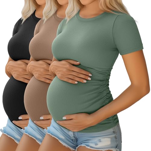 Ficerd 3 Pack Women's Short Sleeve Maternity Shirts - color: Black, Light Coffee, Gray Green, size: Large