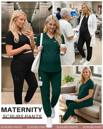 Oakgarden 2 Pack Women's Maternity Scrub Pants Pregnancy Scrubs - color: Black, Dark Green, size: Medium