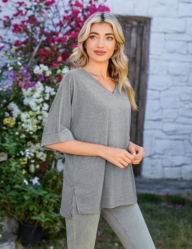 Totatuit Womens Oversized T Shirts Short Sleeve V Neck Basic Tees Tops - color: Grey, size: Small