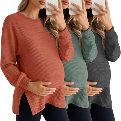 3 Pack Women's Maternity Waffle Knit Shirts - color: Caramel, Green, Dark Gray, size: Medium