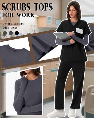 Neer 3 Pack Womens Long Sleeve Underscrub Shirts - color: Black, Dark Gray, Army Green, size: Small