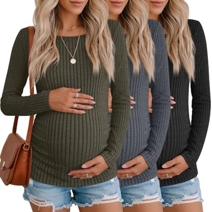 3 Pack Maternity Sweaters Long Sleeve Pregnancy Tops - color: Olive, Gray Blue, Black, size: X-Large
