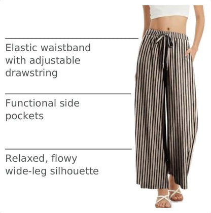 TARSE Women's Linen Wide Leg Pants with Pockets - color: Stripe Black Beige, size: Small