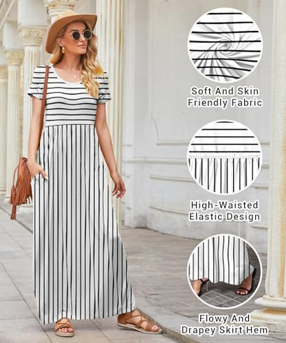 EUOVMY Women's Short Sleeve Loose Plain Maxi Dresses Casual Vacation Long Dresses with Pockets - color: 1-white Striped, size: Small