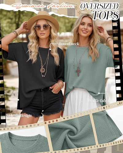 3 Pack Womens Oversized Waffle Knit Tops - color: Black, Brick Red, Gray Green, size: Small