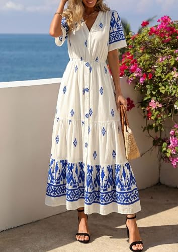 PRETTYGARDEN Womens Short Sleeve Boho Maxi Dress - color: Apricot Blue Flower, size: Medium