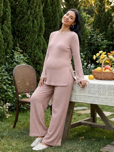 BLENCOT Maternity 2 Piece Outfits Ribbed Knit Long Sleeve Sets - color: Pink, size: Small