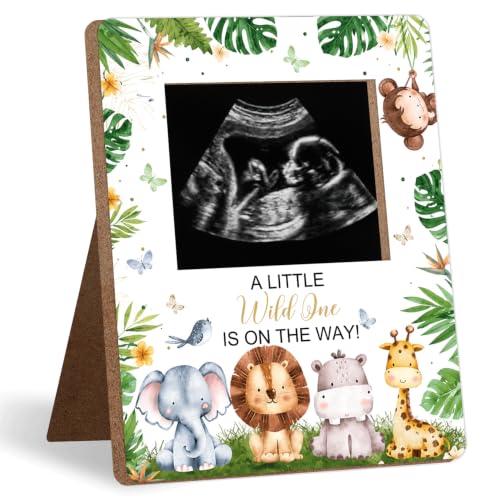 Safari Baby Shower Decor Frame, A LITTLE Wild One IS ON THE WAY! Baby Shower Party Supplies, for Expecting Parents-to-Be Keepsake Gifts, Pregnancy Milestone Keepsake, Gender Reveal Gifts - color: green3