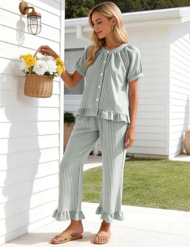 Flygo Womens Striped Pajama Sets Cotton 2 Piece Ruffle Lounge Pjs - color: Darkgreen, size: Large