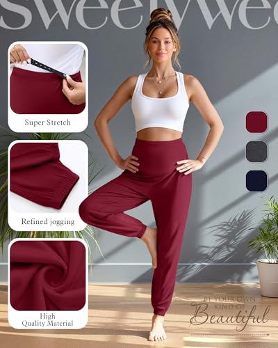 3 Pack Women's Maternity Jogger Pregnancy Sweatpants - color: Dark Red, Heather Black, Ink Blue, size: Small