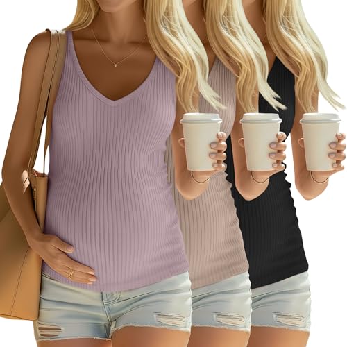 3 Pack Maternity Tank Tops Ribbed V Neck - color: Gray Purple, Khaki, Black, size: Small