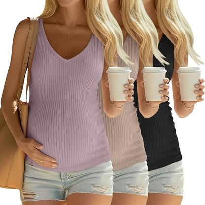 3 Pack Maternity Tank Tops Ribbed V Neck - color: Gray Purple, Khaki, Black, size: XX-Large