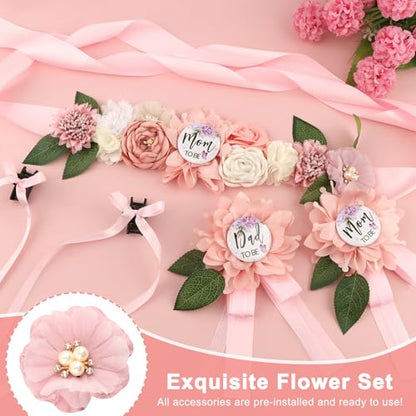 5 Pcs Pink Baby Shower Sash and Pin Set, Floral Maternity Belly Sash