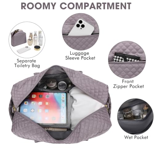Large Women Travel Duffle Bag, Weekender Bags for Women with Shoe Compartment, Carry on Overnight Bag with Toiletry Bag, Gym Duffel Bag with Wet Pocket, Hospital Bags for Labor and Delivery 3 PCS Set - color: Purple Grey - 3 Pcs