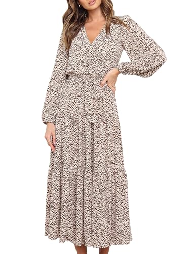 PRETTYGARDEN Womens Long Sleeve Boho Floral Wrap Maxi Dress - color: Apricot, size: Small