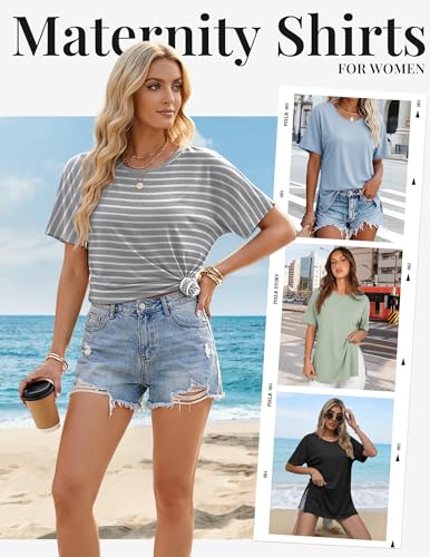 Ekouaer 4 Pack Maternity Shirts Short Sleeve Pregnancy Casual Tunic Tops - color: Black/Light Blue/Light Green/Gray White Stripes, size: Medium