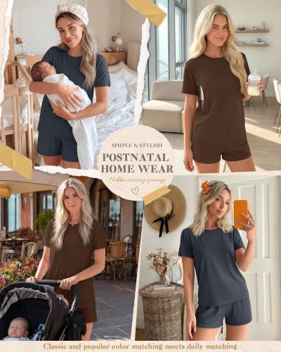 Riyiper 2 Packs Women's Nursing Pajamas Set - color: Dark Blue, Brown, size: Small